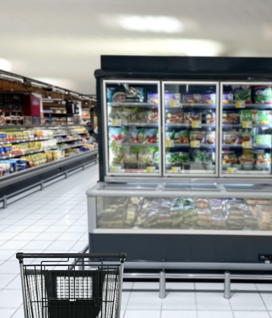 empty grocery cart in an empty supermarket