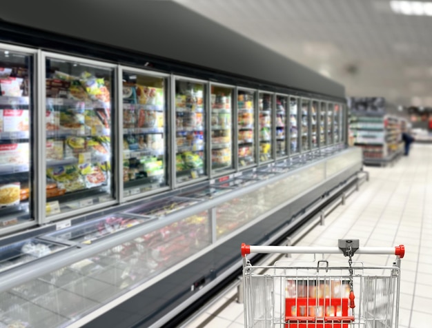 empty grocery cart in an empty supermarket