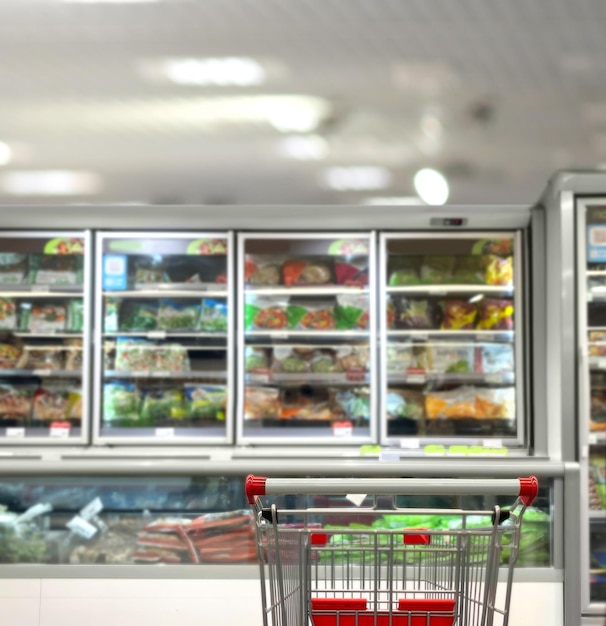 empty grocery cart in an empty supermarket