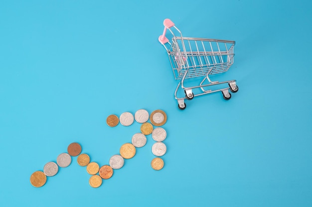 An empty grocery cart and a price rise graph made with coins