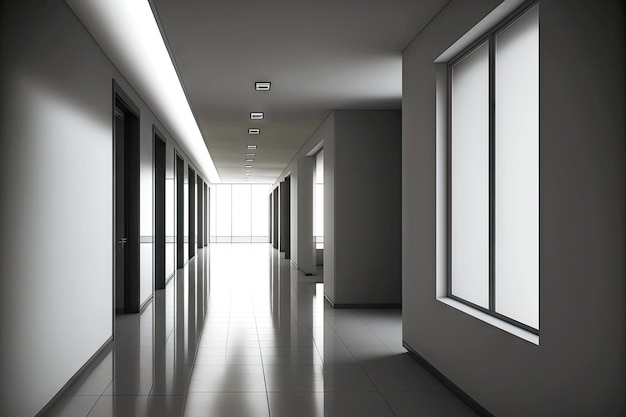 Empty hall in office building with minimalistic grey interior design