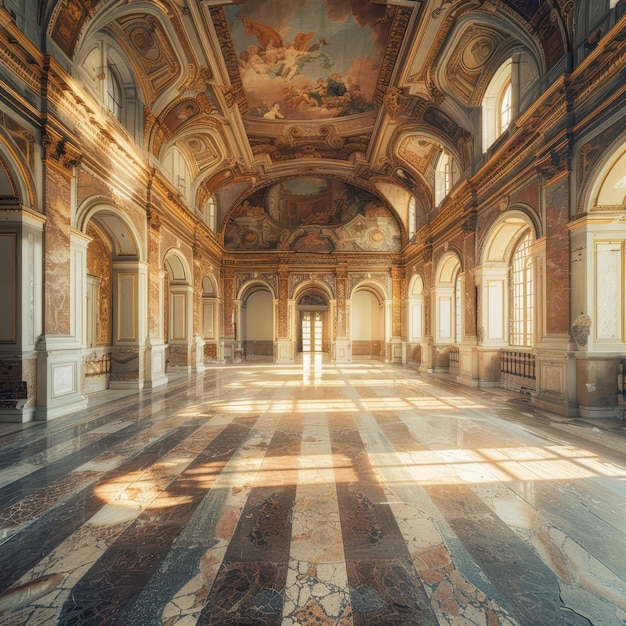 an empty hall with a ceiling painted in gold