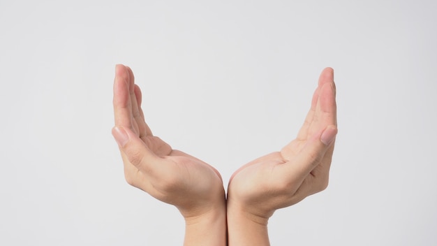 Empty hand doing carryd gesture on white background.