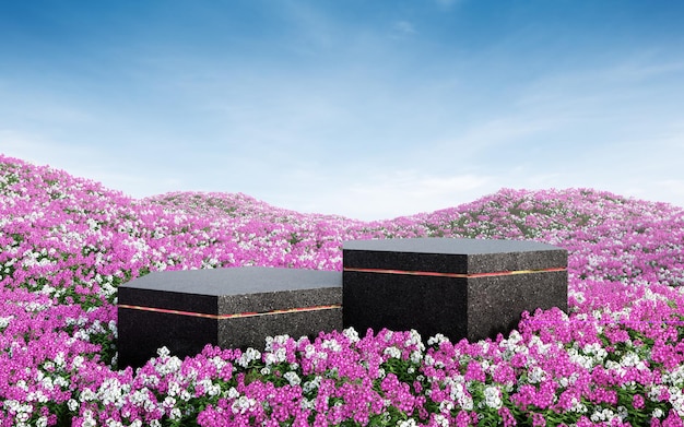 Empty hexagon black terrazzo podium in flower field. 3d rendering image for product display