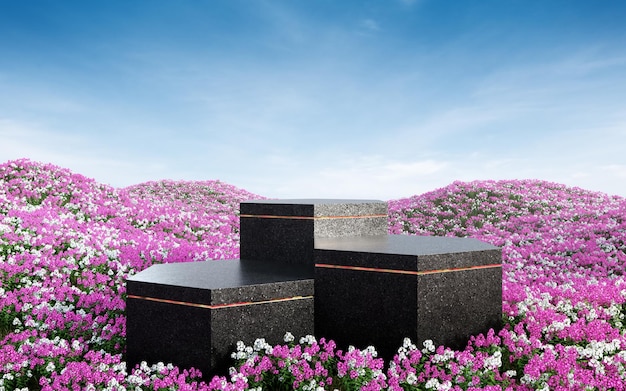 Empty hexagon black terrazzo podium in flower field 3d rendering image for product display