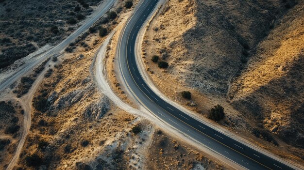 Empty highway cutting through a desert landscape aerial view with copy space for text