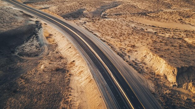 Empty highway cutting through a desert landscape aerial view with copy space for text