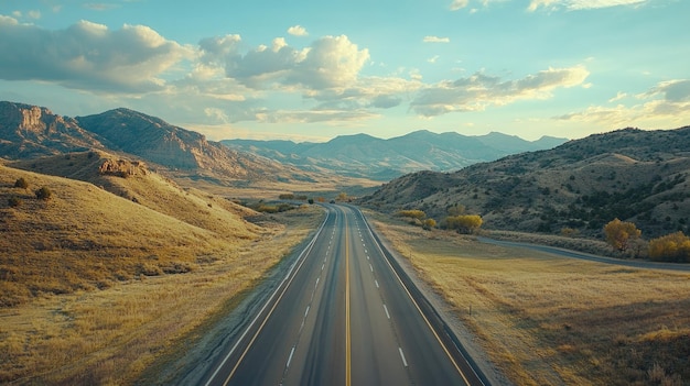 Empty highway leading into the mountains aerial perspective with copy space for text or design