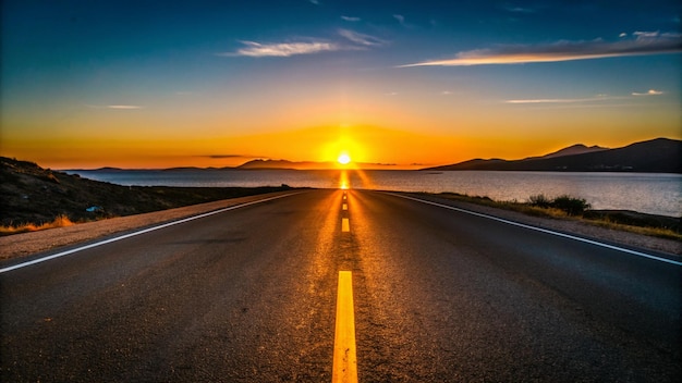 Photo empty highway road leading to a beautiful sunset over the ocean