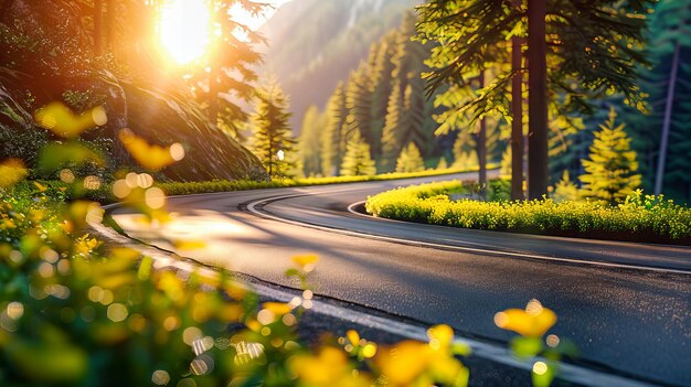 Photo empty highway at sunset surrounded by forest and mountains evoking a sense of freedom and travel