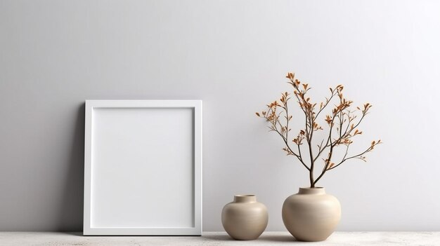 Empty horizontal frame mockup in modern minimalist interior with plant in trendy vase Generative AI