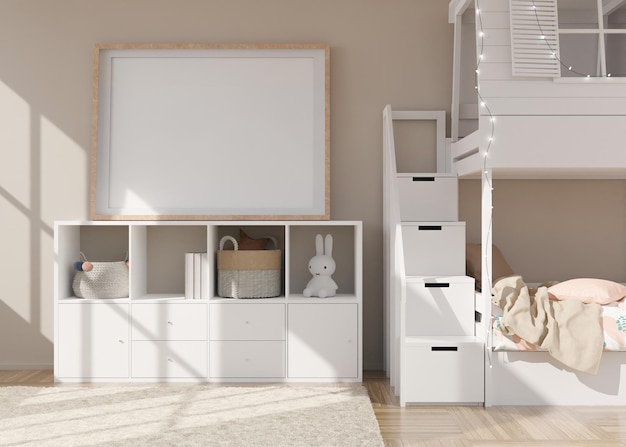 Empty horizontal picture frame on cream wall in modern child room Mock up interior in scandinavian style Free copy space for picture Bed sideboard toys Cozy room for kids 3D rendering