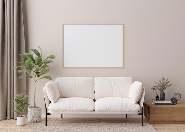 Empty horizontal picture frame on cream wall in modern living room Mock up interior in scandinavian style Free copy space for your picture poster Sofa table dried grass books 3D rendering