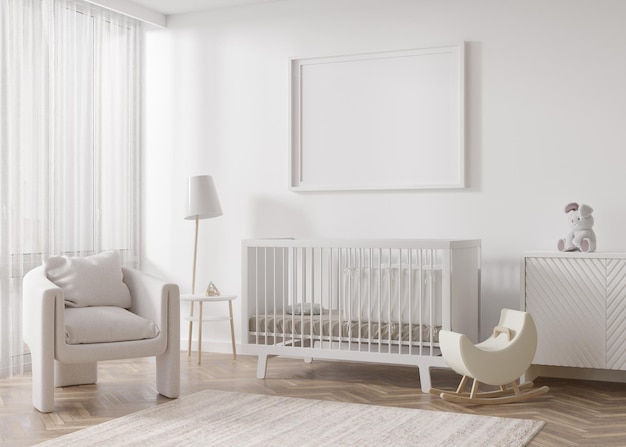 Empty horizontal picture frame on white wall in modern child room Mock up interior in scandinavian style Free copy space for picture Bed armchair toys Cozy room for kids 3D rendering