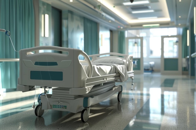 Empty hospital bed in a hallway