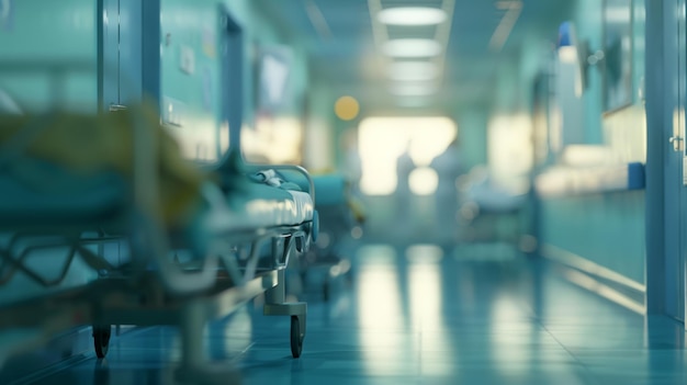 An empty hospital corridor bathed in a cool blue light reflecting serenity and anticipation