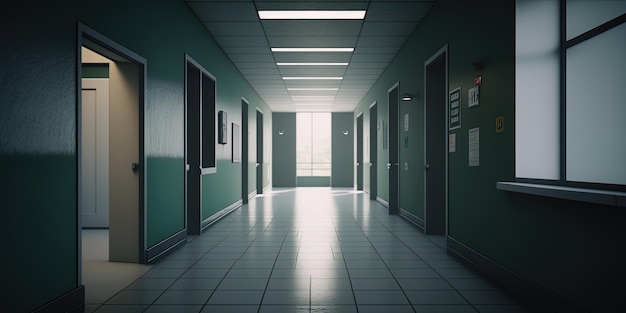 An empty hospital hallway tunnel