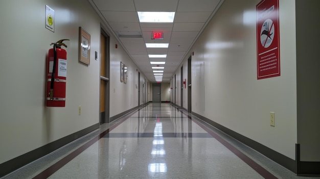 An empty hospital hallway with a polished floor fluorescent lighting and a fire extinguisher mounted on the wall