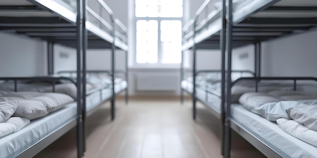 Empty hostel room with metal bunk beds and clean linens Concept Hostel Room Metal Bunk Beds Clean Linens Minimalist Decor Spacious Layout