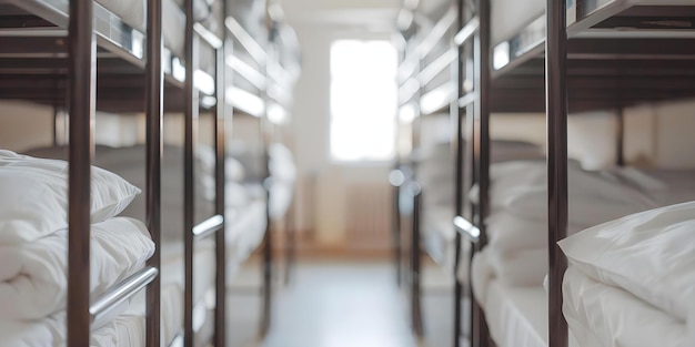 Empty hostel room with metal bunk beds and clean linens Concept Hostel Room Metal Bunk Beds Linens Cleanliness