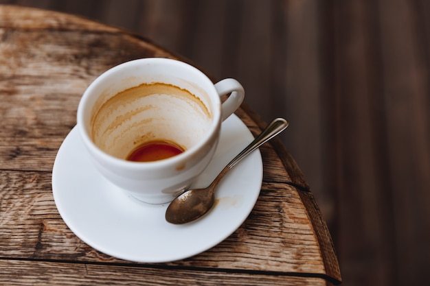 Empty hot coffee in white ceramic cup with dirty spoon