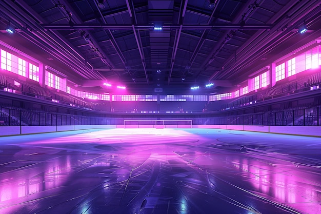 Empty Ice Hockey Arena With Neon Lights