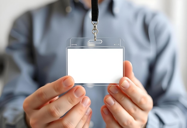 Photo empty identity badge in hands name tag template security card mockup