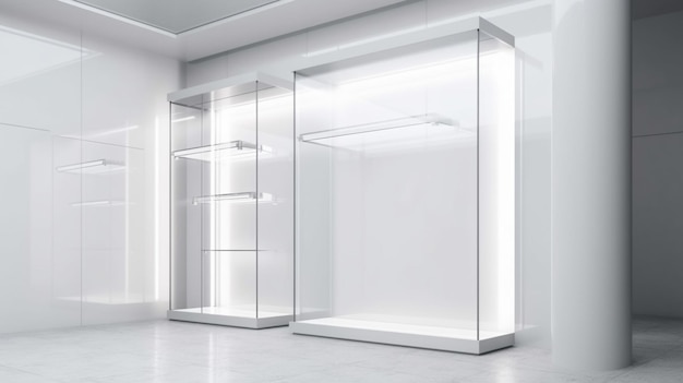 Empty illuminated glass showcase with mock up place on white wall background