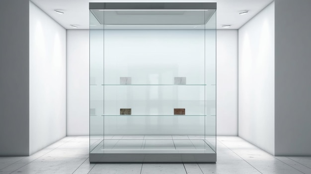 Empty illuminated glass showcase with mock up place on white wall background