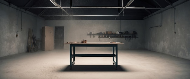 Photo empty industrial studio with a central workbench perfect for creative projects