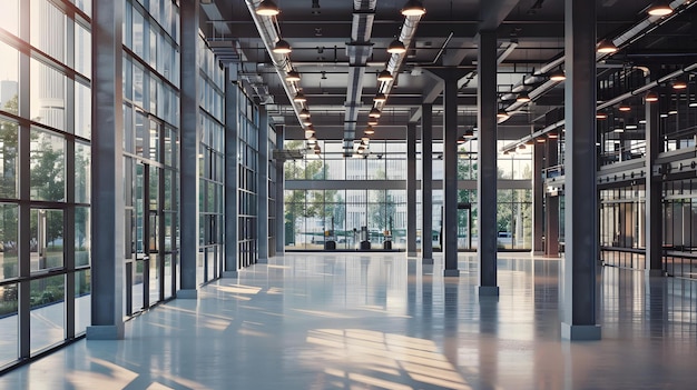 Empty Industrial Warehouse Interior With Large Windows and Steel Columns