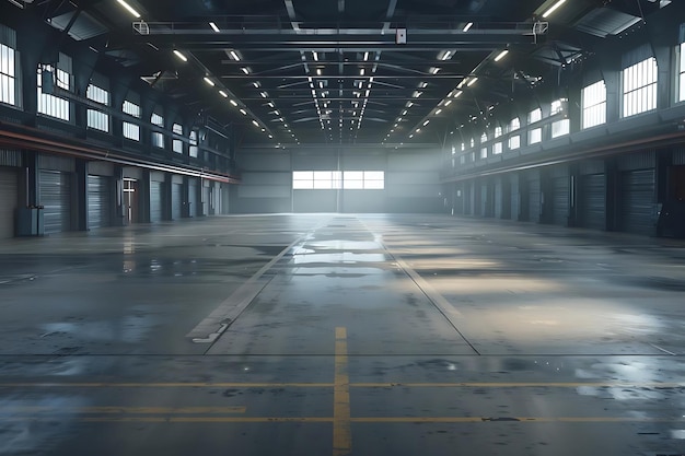 Empty Industrial Warehouse with Wet Floor and Bright Light Illustration