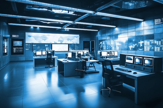 Empty interior of big modern security system control room workstation with multiple displays monitoring room with at security data center Empty office desk and chairs Generative Ai