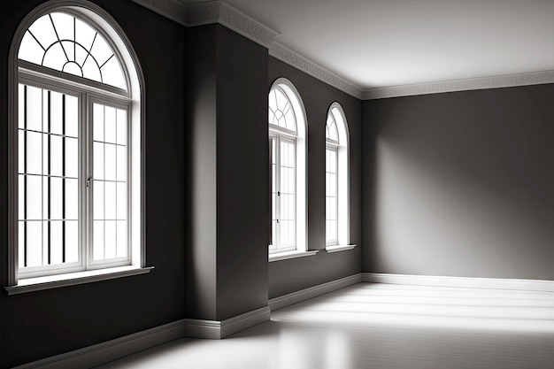 Empty interior in classic style with dark walls and stained glass windows in architectural office