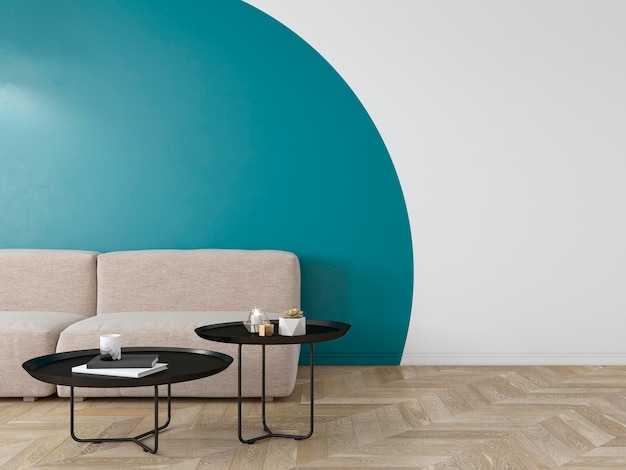 Empty interior with blue geometric print on the wall sofa coffee table and wood floor d render inter