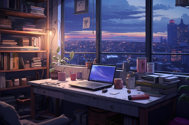 An empty interior with a lofi vibe and an anime manga style The room has a window overlooking a rain