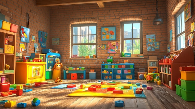 Photo empty kindergarten classroom interior with toys on the floor waiting for children to come