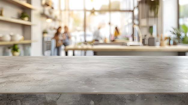 An empty kitchen counter worktop for product display blurred people in the background