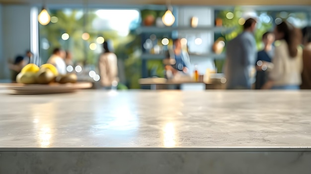 An empty kitchen counter worktop for product display blurred people in the background