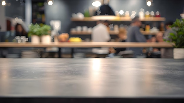 An empty kitchen counter worktop for product display blurred people in the background