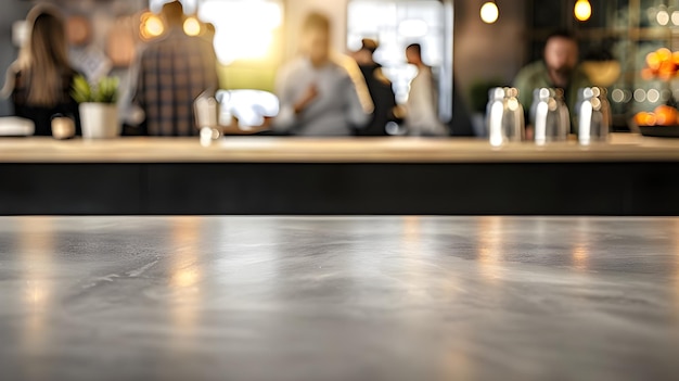 An empty kitchen counter worktop for product display blurred people in the background