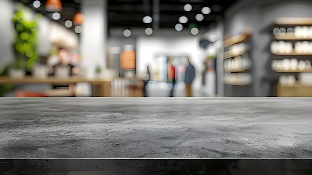 An empty kitchen counter worktop for product display blurred people in the background