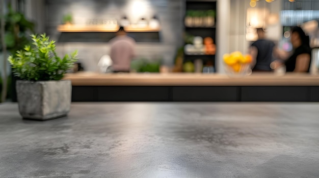 An empty kitchen counter worktop for product display blurred people in the background