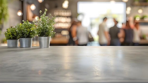 An empty kitchen counter worktop for product display blurred people in the background