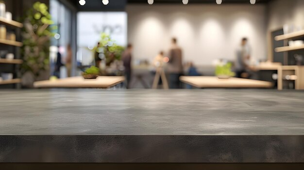 Photo an empty kitchen counter worktop for product display blurred people in the background