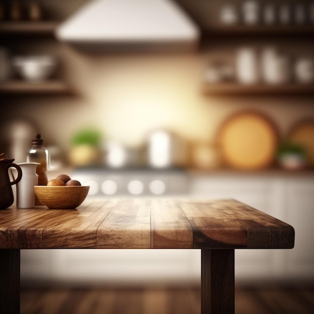 Empty kitchen table with kitchen background blurred. isolated table, space for product and food.