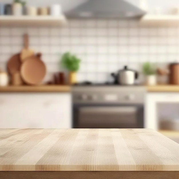 Empty kitchen table with kitchen background blurred. isolated table, space for product and food.