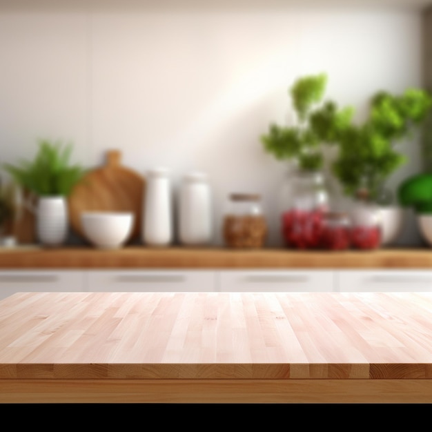 A Empty kitchen table with kitchen background blurred isolated table space for product and food