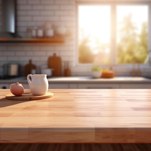 A Empty kitchen table with kitchen background blurred isolated table space for product and food