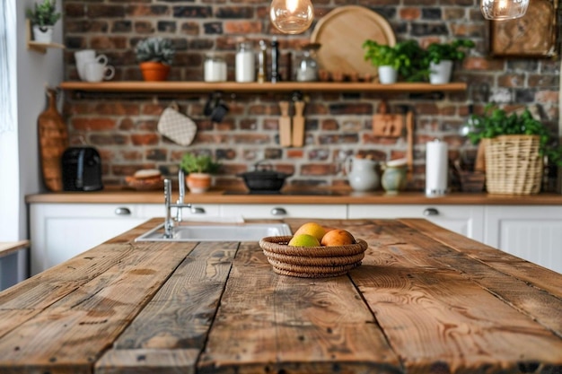 A empty kitchen table with kitchen background blurred isolated table space for product and food